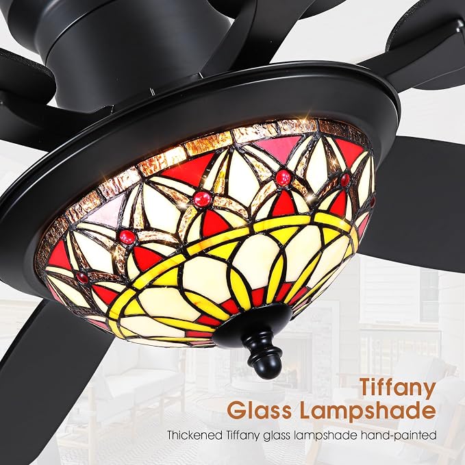 Tiffany Ceiling Fans with Lights - 52" Ceiling Fan Chandelier with Stained Glass Shade, 6 Speeds Reversible 6, alternate view