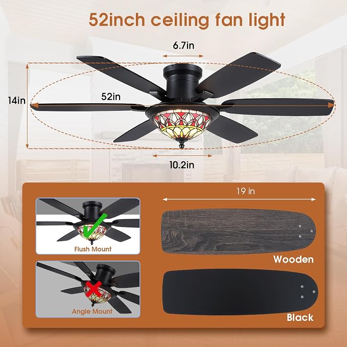 Tiffany Ceiling Fans with Lights - 52" Ceiling Fan Chandelier with Stained Glass Shade, 6 Speeds Reversible 6, alternate view