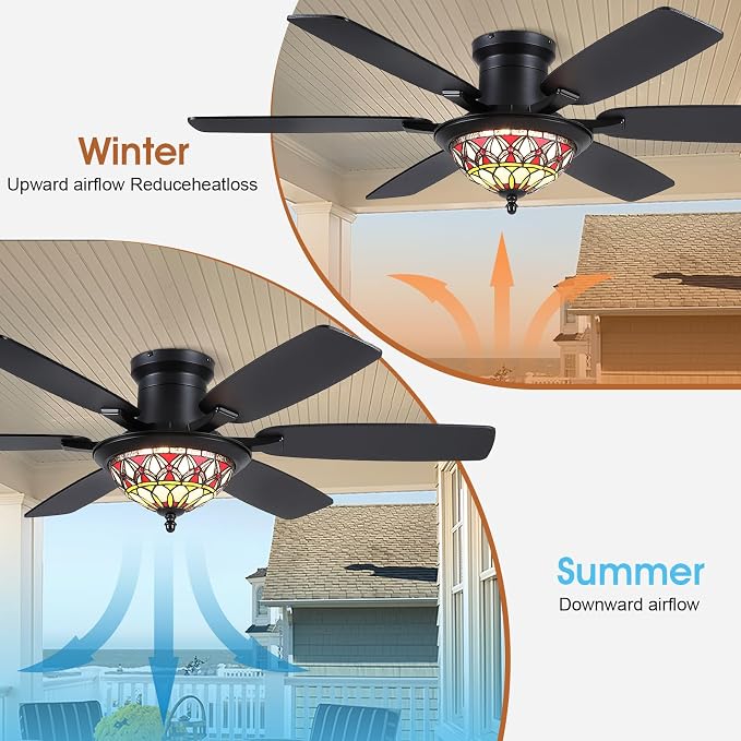 Tiffany Ceiling Fans with Lights - 52" Ceiling Fan Chandelier with Stained Glass Shade, 6 Speeds Reversible 6, alternate view