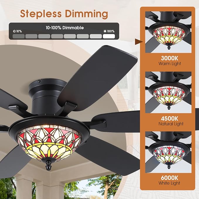 Tiffany Ceiling Fans with Lights - 52" Ceiling Fan Chandelier with Stained Glass Shade, 6 Speeds Reversible 6, alternate view
