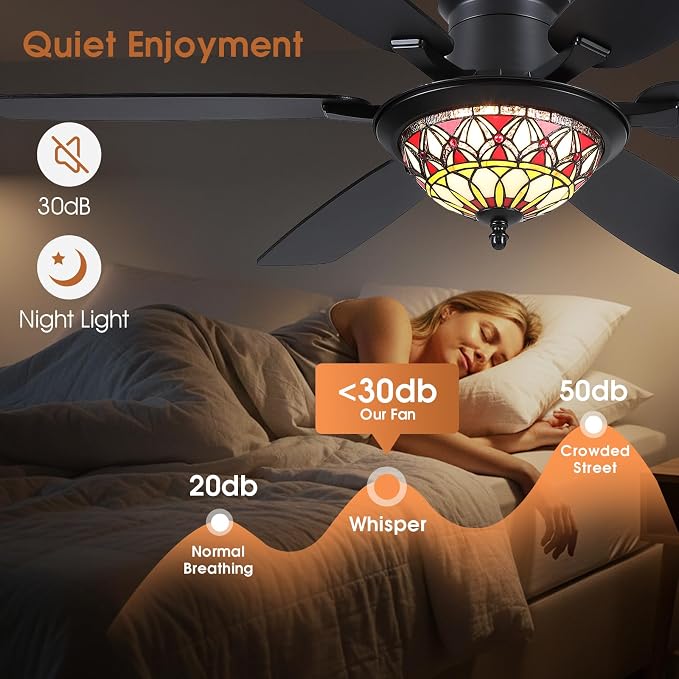 Tiffany Ceiling Fans with Lights - 52" Ceiling Fan Chandelier with Stained Glass Shade, 6 Speeds Reversible 6, alternate view