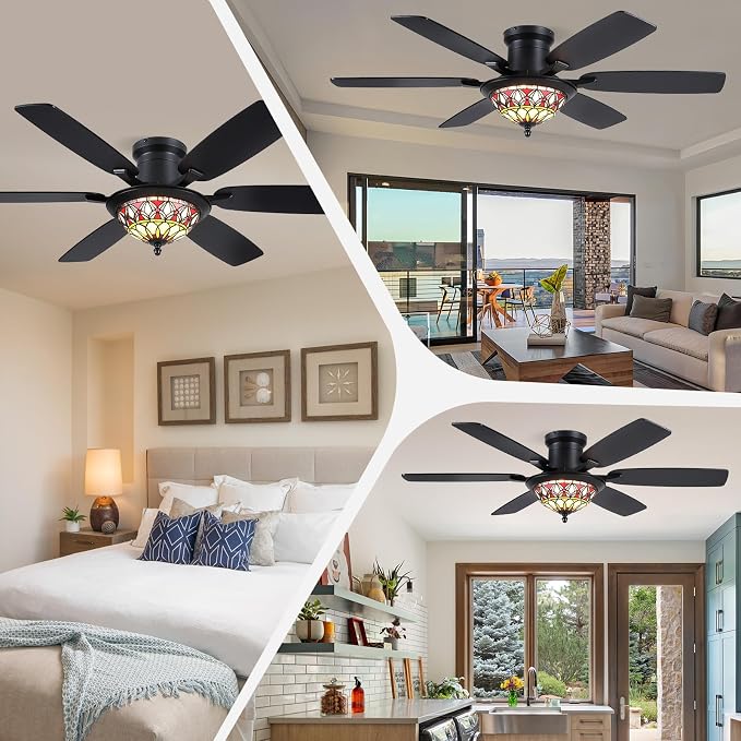 Tiffany Ceiling Fans with Lights - 52" Ceiling Fan Chandelier with Stained Glass Shade, 6 Speeds Reversible 6, alternate view