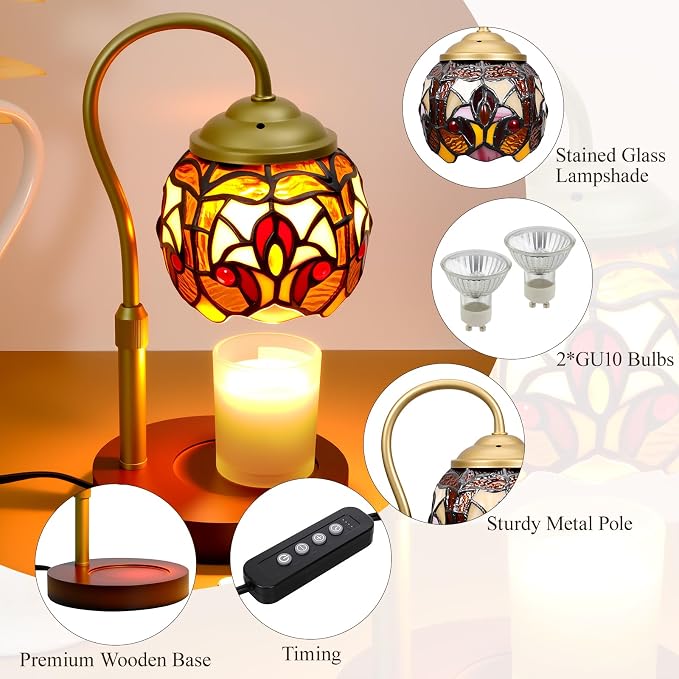Tiffany Style Candle Warmer Lamp with Timer, Dimmable Stained Glass Candle Lamp Warmer, alternate product view 4
