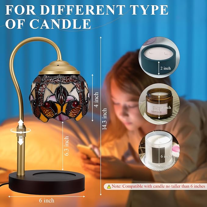 Tiffany Style Candle Warmer Lamp with Timer, Dimmable Stained Glass Candle Lamp Warmer, alternate product view 5