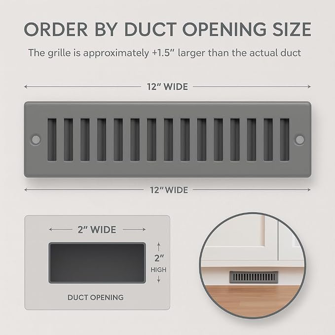 Toe Kick Vent Cover 2" x 12" Duct Opening, Grey Cabinet Toe Kick Register Grille, Steel Air Vent Grate for, alternate view 2