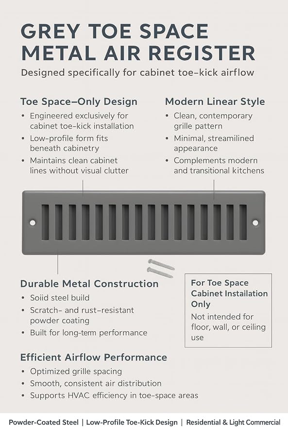 Toe Kick Vent Cover 2" x 12" Duct Opening, Grey Cabinet Toe Kick Register Grille, Steel Air Vent Grate for, alternate view 4