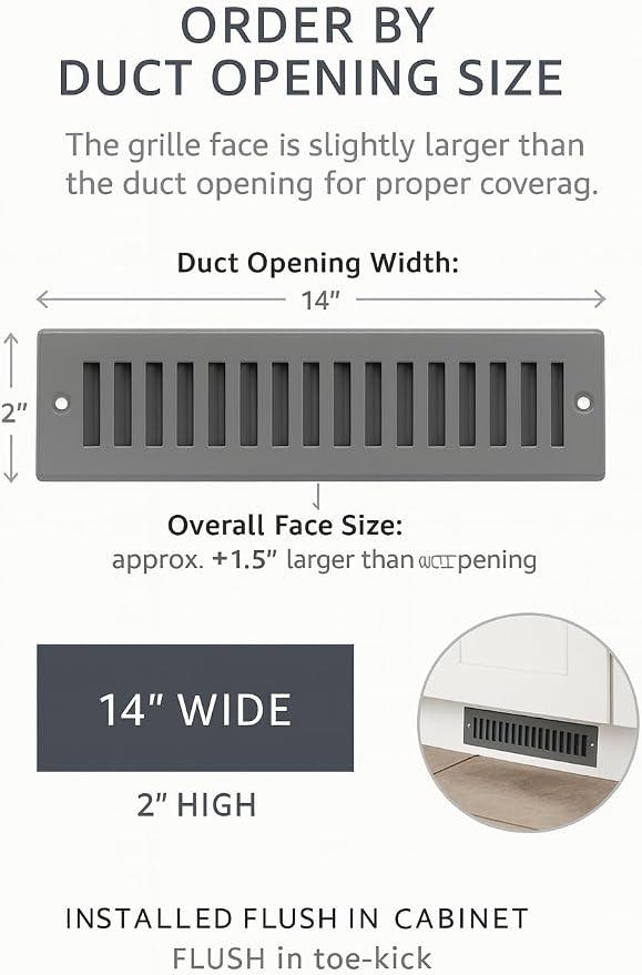 Toe Kick Vent Cover 2" x 14" Duct Opening, Grey Cabinet Toe Kick Register Grille, Steel Air Vent Grate for Kitchen Cabinets