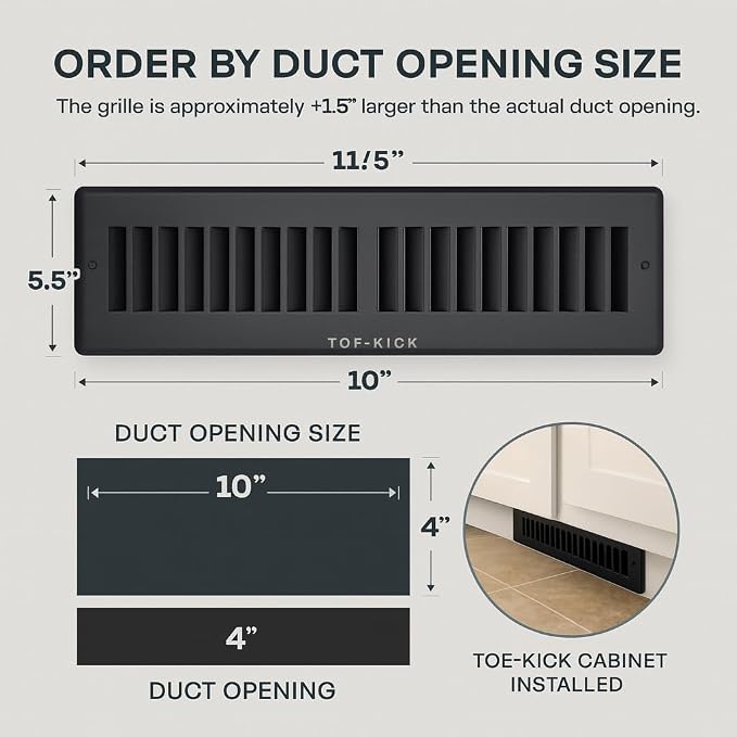 Toe Kick Vent Cover 4" x 10" Duct Opening, Grey Cabinet Toe Kick Register Grille, Steel Air Vent Grate for, alternate view 3