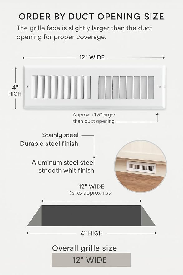 Toe Kick Vent Cover 4" x 12" Duct Opening, White Cabinet Toe Kick Register Grille, Steel Air Vent Grate for, alternate view 2