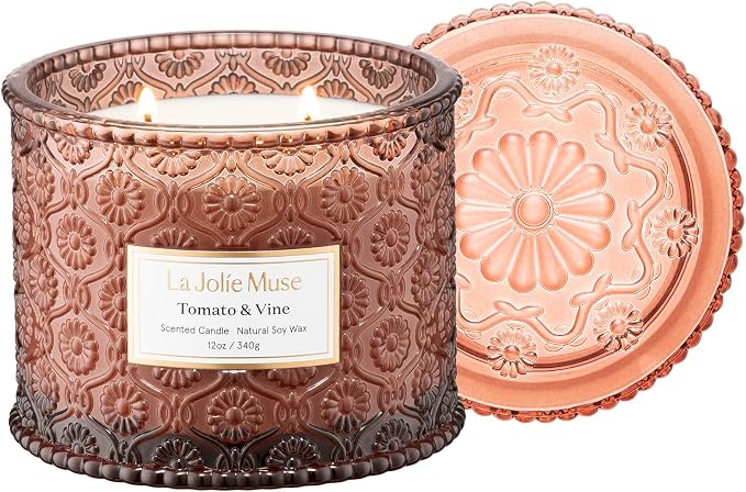 Tomato & Vine Candle - Tomato Leaf, Rose, Moss | 12 oz Large 2-Wick Soy Wax Candle | 60 Hours Clean Burn | Fresh Garden