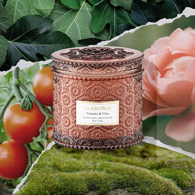 Tomato & Vine Candle - Tomato Leaf, Rose, Moss | 12 oz Large 2-Wick Soy Wax Candle | 60 Hours Clean Burn | Fresh Garden
