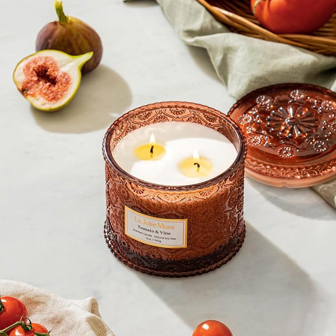 Tomato & Vine Candle - Tomato Leaf, Rose, Moss | 12 oz Large 2-Wick Soy Wax Candle | 60 Hours Clean Burn | Fresh Garden