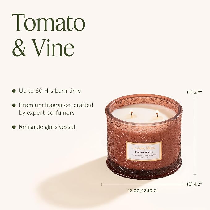 Tomato & Vine Candle - Tomato Leaf, Rose, Moss | 12 oz Large 2-Wick Soy Wax Candle | 60 Hours Clean Burn | Fresh Garden