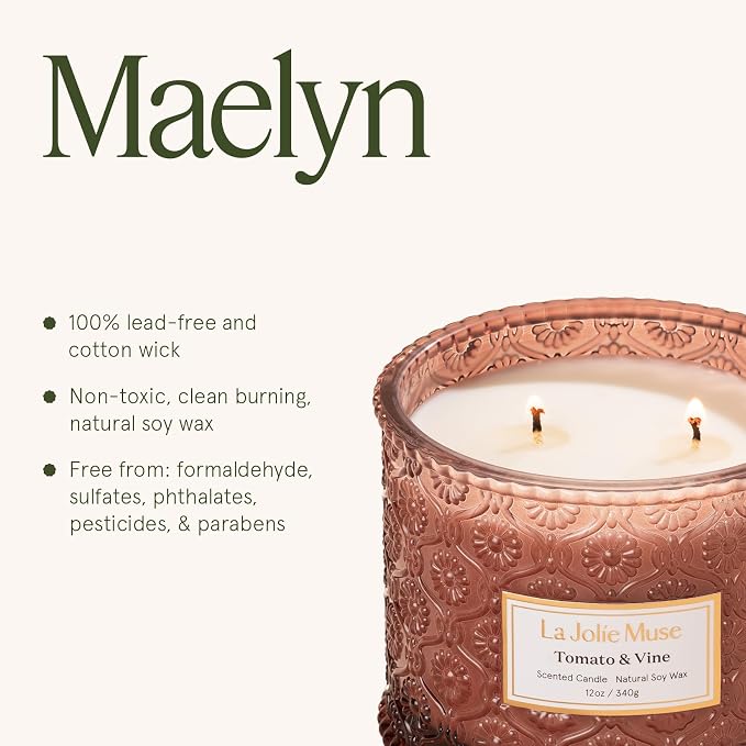 Tomato & Vine Candle - Tomato Leaf, Rose, Moss | 12 oz Large 2-Wick Soy Wax Candle | 60 Hours Clean Burn | Fresh Garden