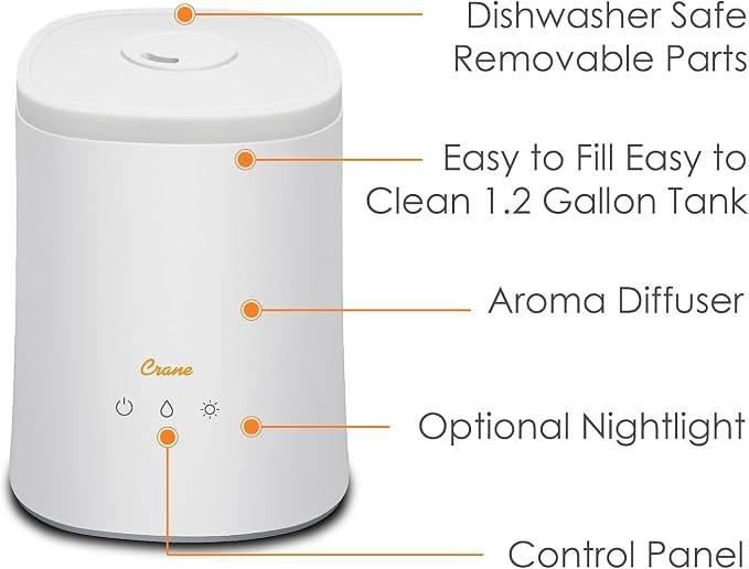 Top Fill Ultrasonic Cool Mist Humidifier for Bedroom and Large Rooms, 1.2 Gallon Essential Oil Diffuser with Nightlight and
