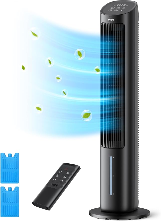 Tower Fan, 40” Fans that Blow Cold Air, 80° Oscillating, Removable Water Tank, Remote Control, 4 Speeds, 7H Timer, Bedroom