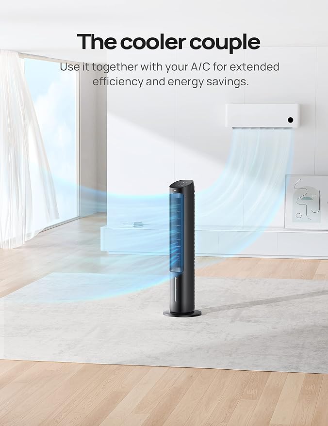 Tower Fan, 40” Fans that Blow Cold Air, 80° Oscillating, Removable Water Tank, Remote Control, 4 Speeds, 7H Timer, Bedroom