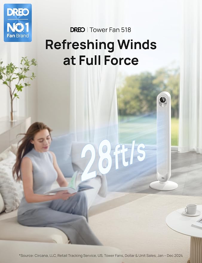 Tower Fan 42 Inch,Quiet Oscillating Bladeless Fan with Remote, 6 Speeds, 4 Modes, LED Display, 12H Timer, White Floor