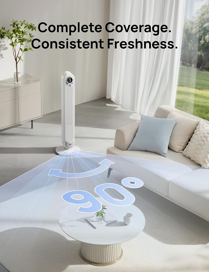 Tower Fan 42 Inch,Quiet Oscillating Bladeless Fan with Remote, 6 Speeds, 4 Modes, LED Display, 12H Timer, White Floor