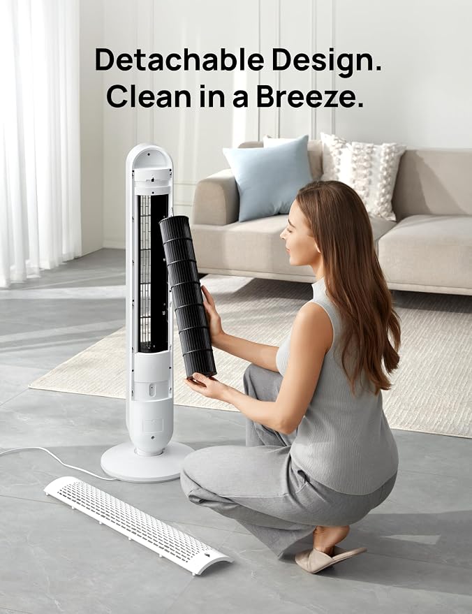 Tower Fan 42 Inch,Quiet Oscillating Bladeless Fan with Remote, 6 Speeds, 4 Modes, LED Display, 12H Timer, White Floor