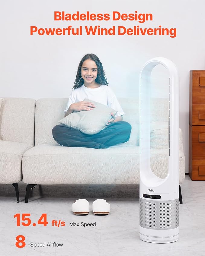 Tower Fan Bladeless, 15.4ft/s Velocity Floor Fan that Blows Cold Air, 80° Oscillating 8-Speed Fans, 8H Timer, Standing Fans