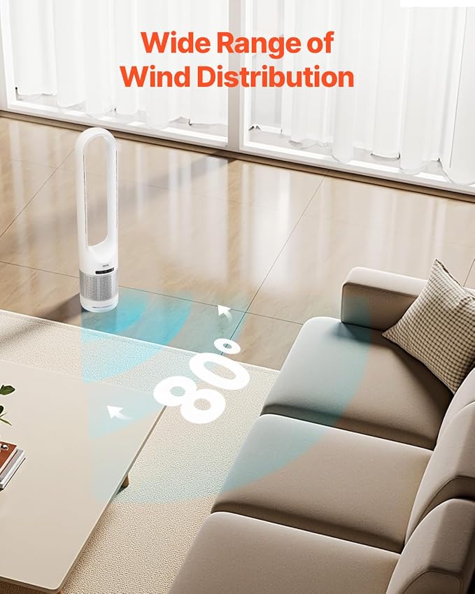 Tower Fan Bladeless, 15.4ft/s Velocity Floor Fan that Blows Cold Air, 80° Oscillating 8-Speed Fans, 8H Timer, Standing Fans