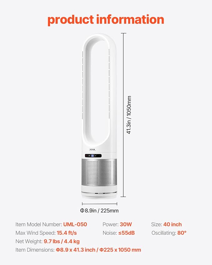 Tower Fan Bladeless, 15.4ft/s Velocity Floor Fan that Blows Cold Air, 80° Oscillating 8-Speed Fans, 8H Timer, Standing Fans