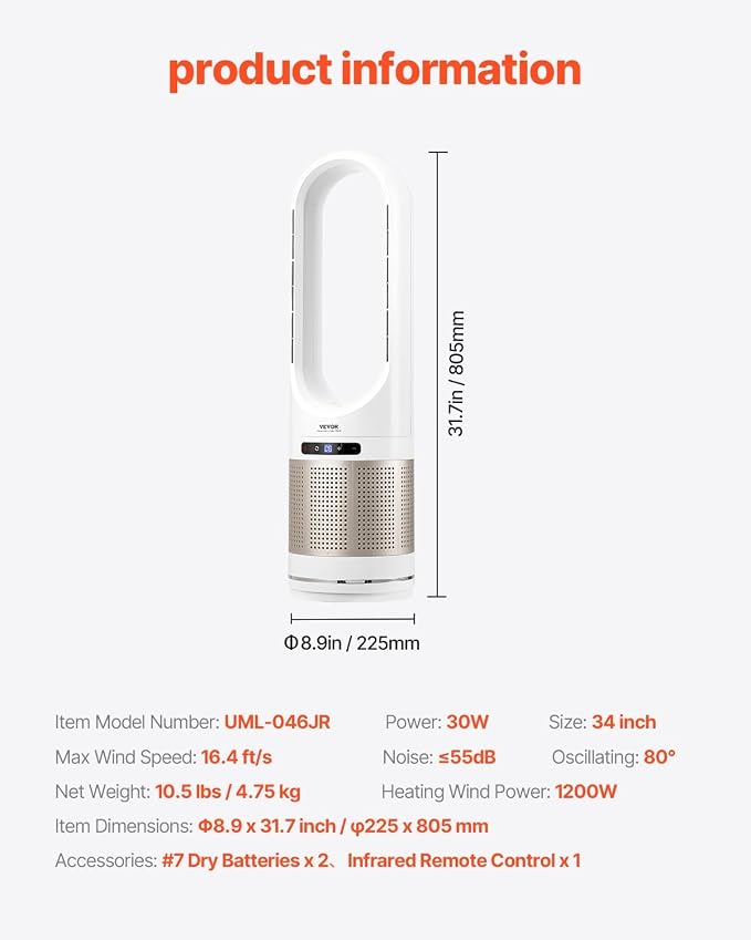 Tower Fan Bladeless, 16.4ft/s Velocity Floor Fan that Blows Cold Air, 80° Oscillating 8-Speed Fans, 8H Timer, Standing Fans