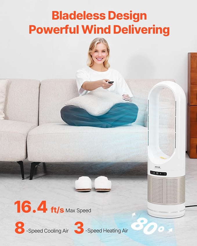 Tower Fan Bladeless, 16.4ft/s Velocity Floor Fan that Blows Cold Air, 80° Oscillating 8-Speed Fans, 8H Timer, Standing Fans