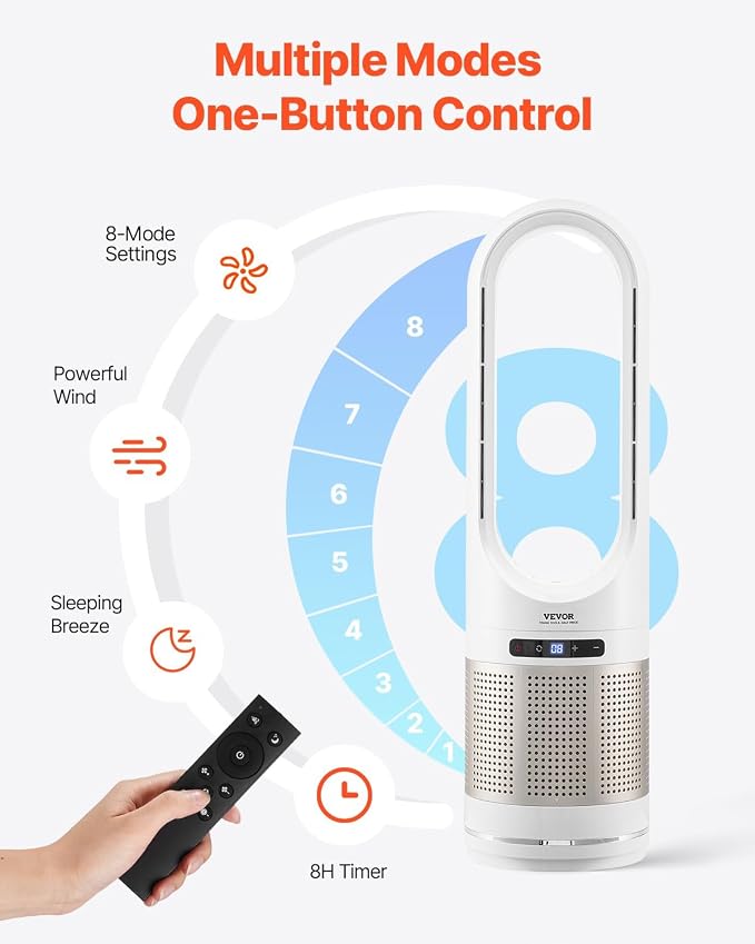 Tower Fan Bladeless, 16.4ft/s Velocity Floor Fan that Blows Cold Air, 80° Oscillating 8-Speed Fans, 8H Timer, Standing Fans