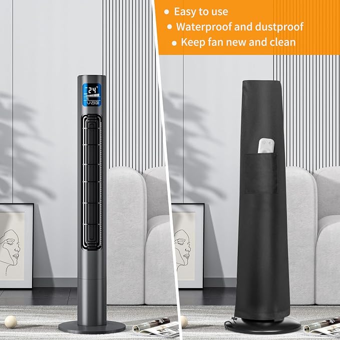 Tower Fan Cover, Waterproof Dustproof Fan Protective Cover with Pocket, Oscillating Tower Fan Covers with Remote Outdoor or