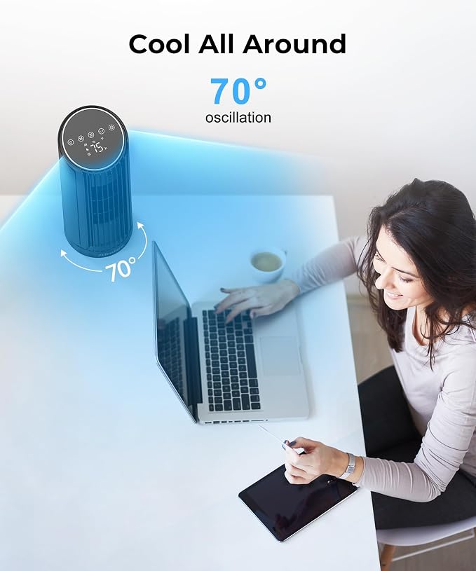 Tower Fan for Bedroom, 23ft/s Desk Fan with Remote, 70° Oscillating Desk Fan, 4 Speeds, 4 Modes,12Timer, 13'' Bladeless