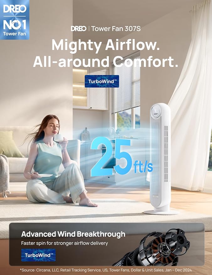 Tower Fan for Bedroom, 25ft/s Smart Standing Fans, 90° Oscillating Floor Fan with 4 Modes, 4 Speeds, 8H Timer, 28dB