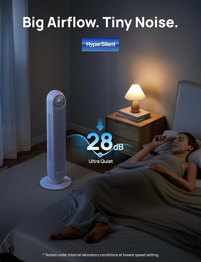 Tower Fan for Bedroom, 25ft/s Smart Standing Fans, 90° Oscillating Floor Fan with 4 Modes, 4 Speeds, 8H Timer, 28dB