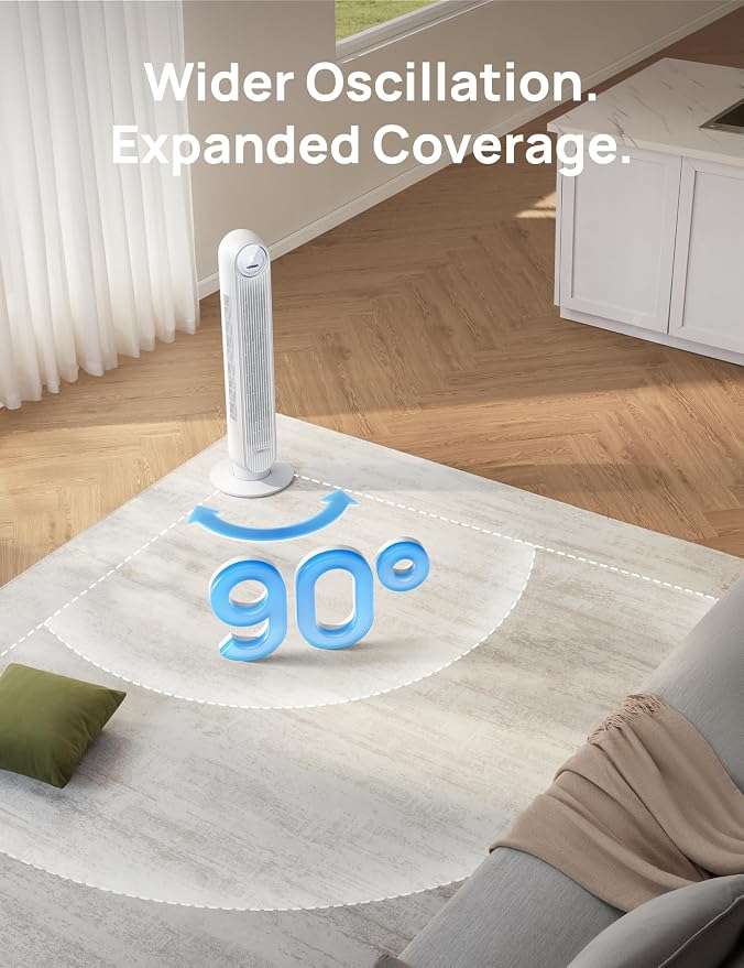 Tower Fan for Bedroom, 25ft/s Smart Standing Fans, 90° Oscillating Floor Fan with 4 Modes, 4 Speeds, 8H Timer, 28dB