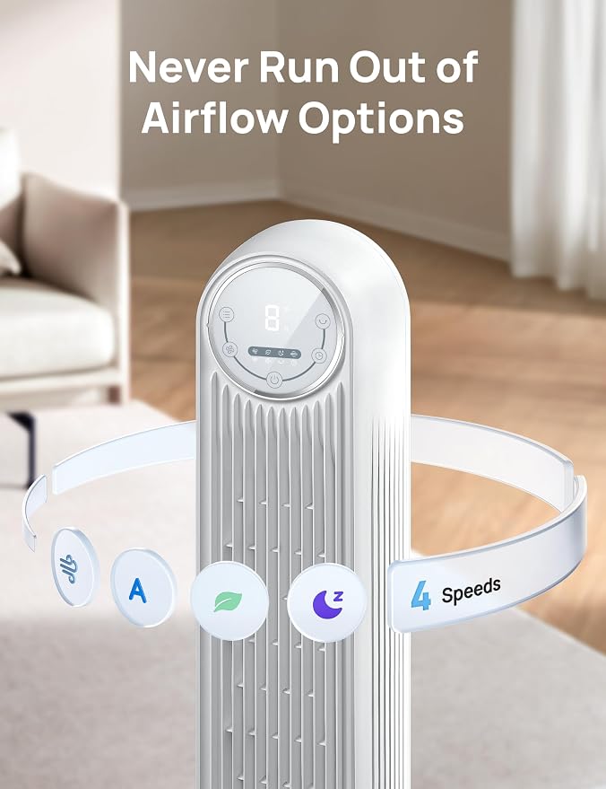 Tower Fan for Bedroom, 25ft/s Smart Standing Fans, 90° Oscillating Floor Fan with 4 Modes, 4 Speeds, 8H Timer, 28dB