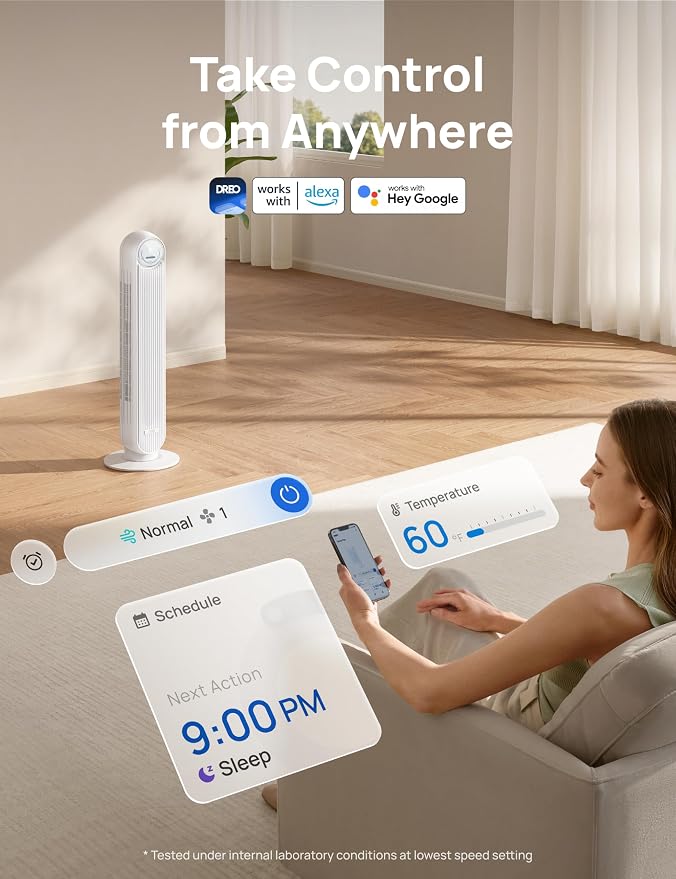 Tower Fan for Bedroom, 25ft/s Smart Standing Fans, 90° Oscillating Floor Fan with 4 Modes, 4 Speeds, 8H Timer, 28dB