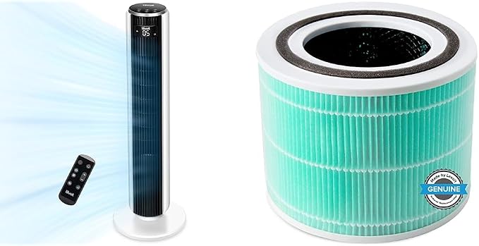 Tower Fan for Bedroom, 25ft/s Velocity 28dB Cooling Fan with Remote, Bladeless and 90° Oscillating & Core 300 Air Purifier