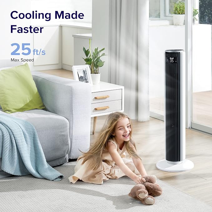 Tower Fan for Bedroom, 25ft/s Velocity 28dB Cooling Fan with Remote, Bladeless and 90° Oscillating & Core 300 Air Purifier
