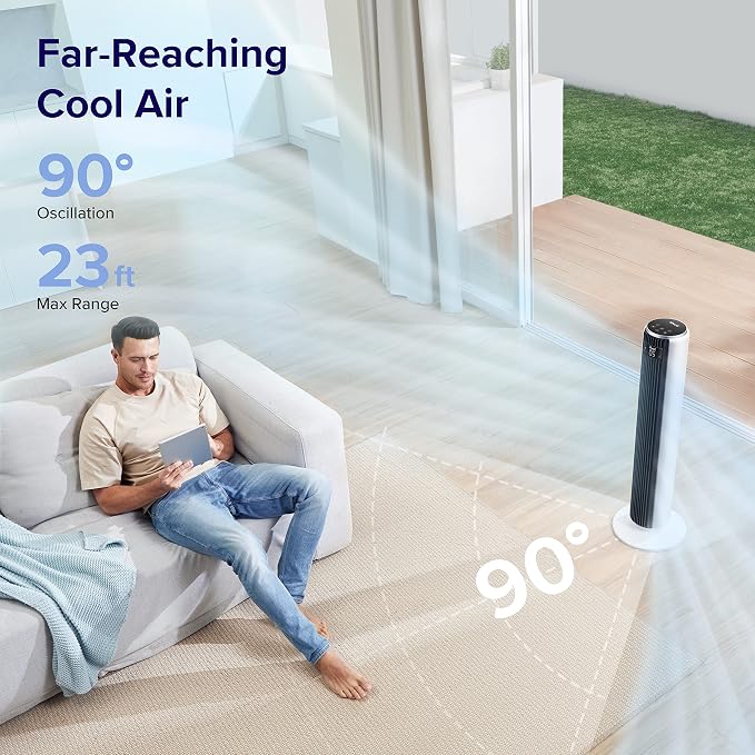 Tower Fan for Bedroom, 25ft/s Velocity 28dB Cooling Fan with Remote, Bladeless and 90° Oscillating & Core 300 Air Purifier