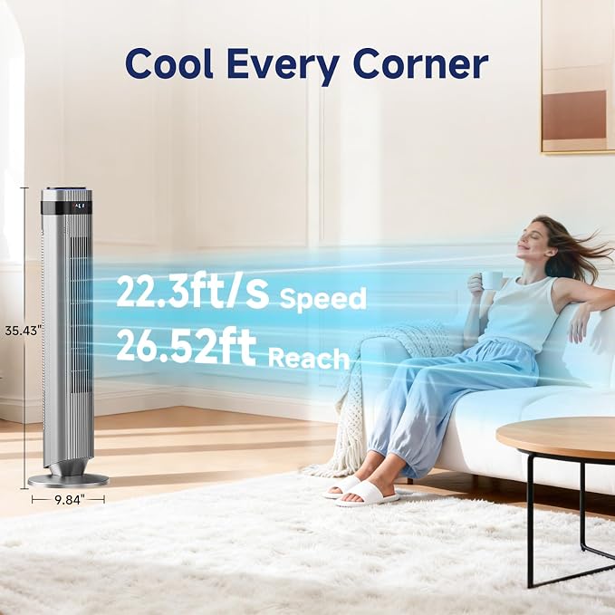 Tower Fan for Bedroom, 28dB Quiet Floor Standing Fan with Remote, 12H Timer, 5 Speeds, 4 Modes, LED Display, Portable