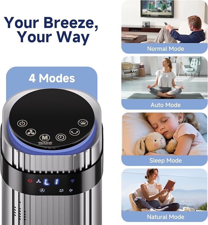 Tower Fan for Bedroom, 28dB Quiet Floor Standing Fan with Remote, 12H Timer, 5 Speeds, 4 Modes, LED Display, Portable