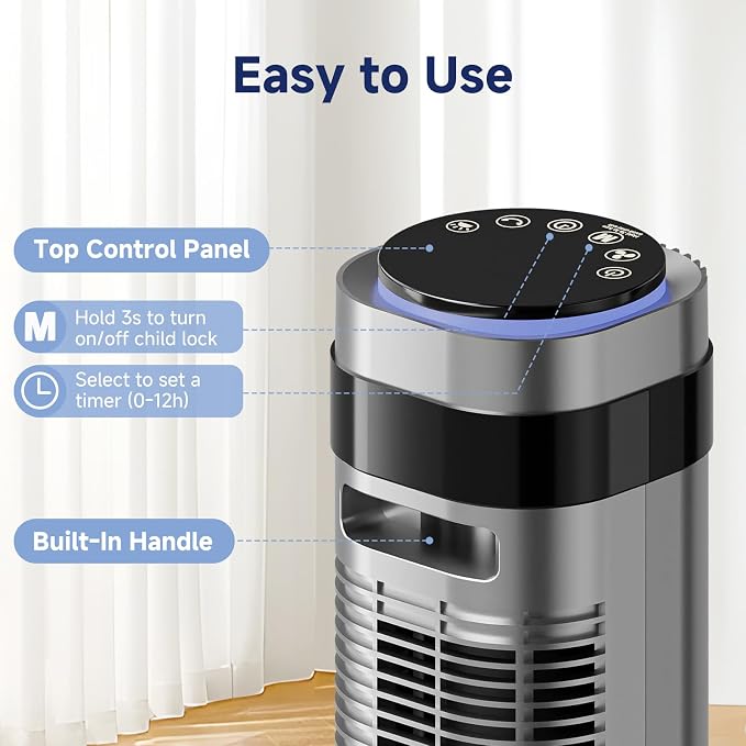 Tower Fan for Bedroom, 28dB Quiet Floor Standing Fan with Remote, 12H Timer, 5 Speeds, 4 Modes, LED Display, Portable