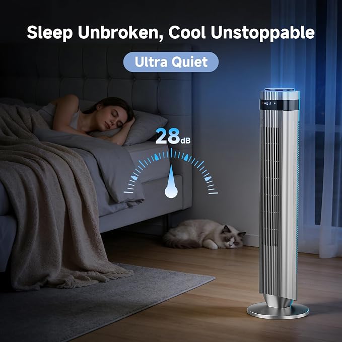 Tower Fan for Bedroom, 28dB Quiet Floor Standing Fan with Remote, 12H Timer, 5 Speeds, 4 Modes, LED Display, Portable