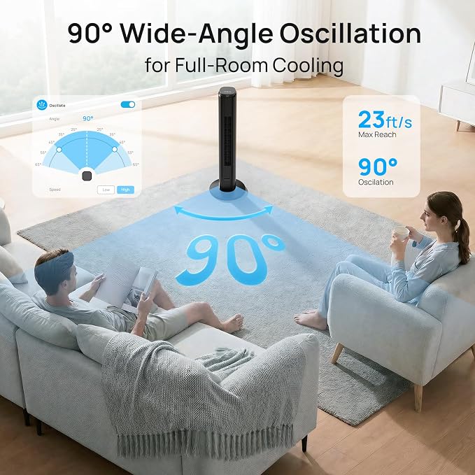 Tower Fan for Bedroom, 39dB Quiet Floor Fan with 6 Speeds, 4 Modes, Remote, 90° Oscillation & 12H Timer 37" Standing Fan for