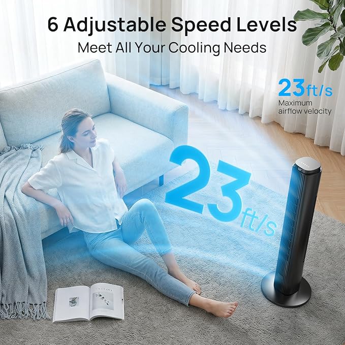 Tower Fan for Bedroom, 39dB Quiet Floor Fan with 6 Speeds, 4 Modes, Remote, 90° Oscillation & 12H Timer 37" Standing Fan for