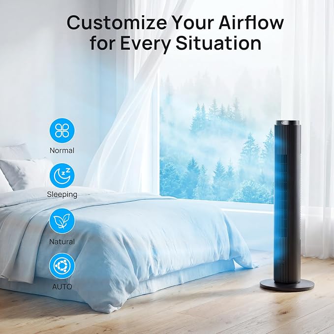 Tower Fan for Bedroom, 39dB Quiet Floor Fan with 6 Speeds, 4 Modes, Remote, 90° Oscillation & 12H Timer 37" Standing Fan for