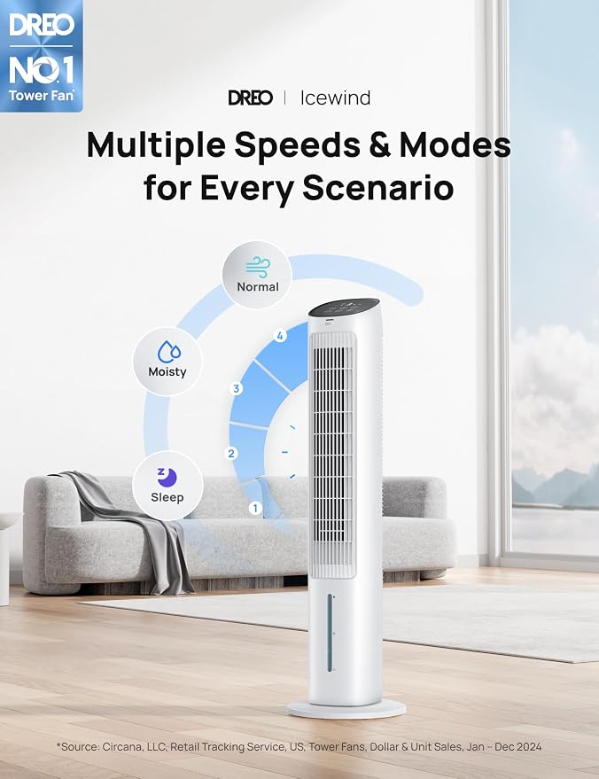 Tower Fan for Bedroom, 40" Evaporative Air Cooler, Cooling Fans That Blow Cold Air with 80° Oscillating, Removable Water