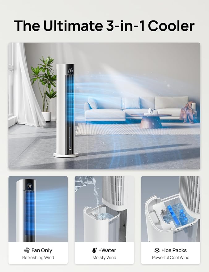 Tower Fan for Bedroom, 43" Cooling Fans That Blow Cold Air 2025 Upgraded, Evaporative Air Cooler, Quiet 85° Oscillating Floor