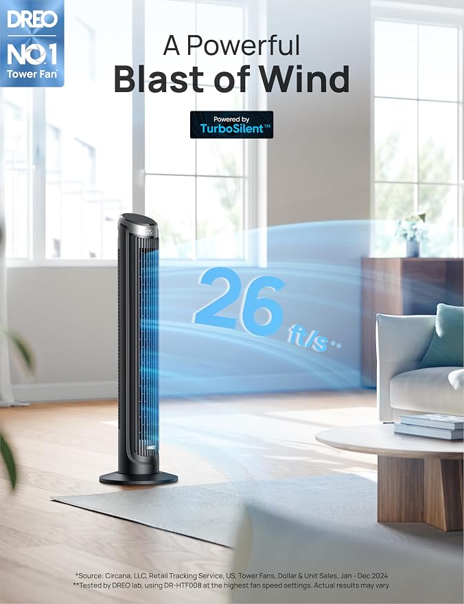 Tower Fan for Bedroom, 90° Oscillating Fans that Blow Cold Air, 5 Speeds, 4 Modes with 26ft/s Velocity, 12H & 28dB Quiet